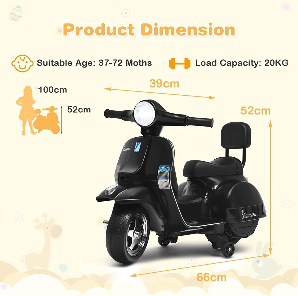 Kids 6V Battery VESPA Compatible Electric Motorbike with Training Wheels