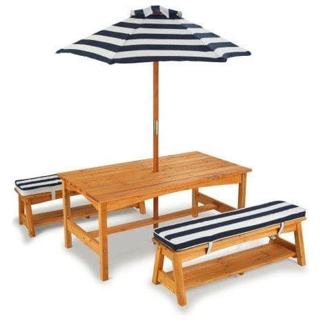 empty Outdoor Table & Bench Set with Cushions & Umbrella - Navy & White Stripes 