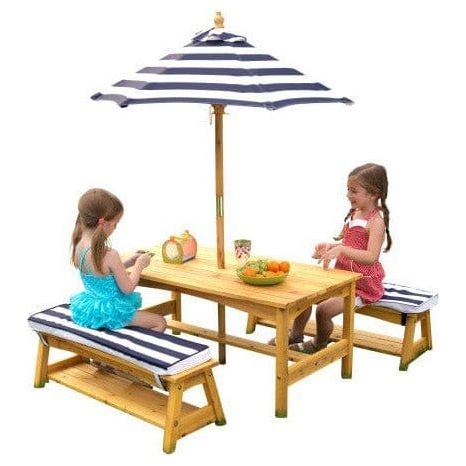 2 girls sitting at Outdoor Table & Bench Set with Cushions & Umbrella - Navy & White Stripes