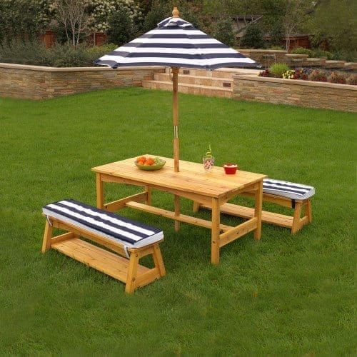 Outdoor Table & Bench Set with Cushions & Umbrella - Navy & White Stripes in garden