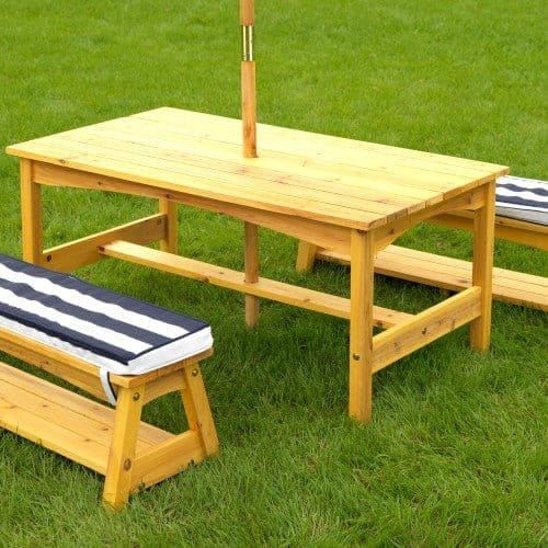 close up of Outdoor Table & Bench Set with Cushions & Umbrella - Navy & White Stripes