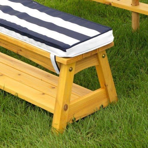 close up of bench from Outdoor Table & Bench Set with Cushions & Umbrella - Navy & White Stripes