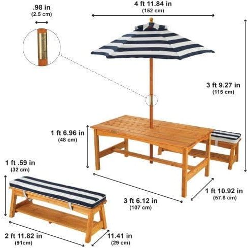 Outdoor Table & Bench Set with Cushions & Umbrella - Navy & White Stripes dimensions