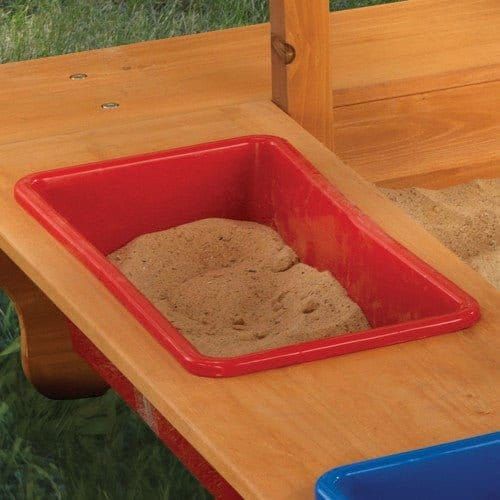 red storage container of KidKraft Outdoor Sandbox with Canopy