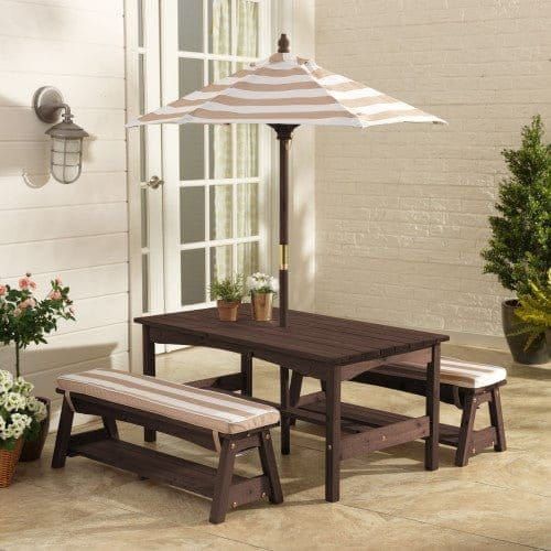 KidKraft Outdoor Table/Bench Set - Oatmeal & White Stripe on patio