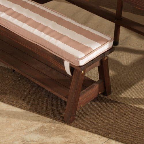close up of bench from KidKraft Outdoor Table/Bench Set - Oatmeal & White Stripe