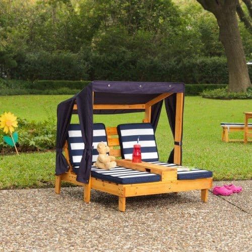 Double Chaise Lounge with Cupholder - Honey/Navy/White in garden