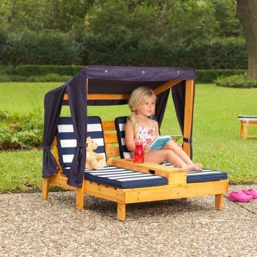 girl sitting on Double Chaise Lounge with Cupholder - Honey/Navy/White