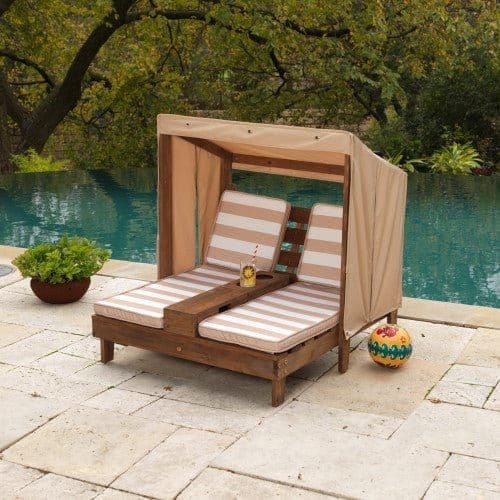Double Chaise Lounge with Cup Holders - Espresso/Oatmeal/White by pool