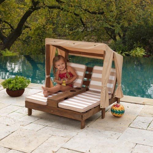 girls sitting on Double Chaise Lounge with Cup Holders - Espresso/Oatmeal/White