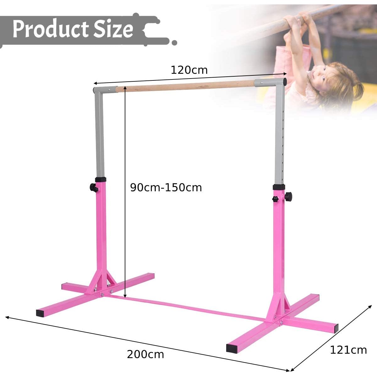 Children's Height Adjustable Gymnastics Training Bar, 90-150cm-Pink