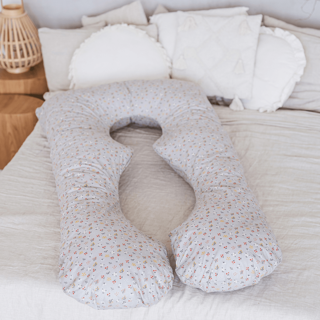 MINICAMP U Shape Body Pillow + Organic Cotton Cover in Grey on bed