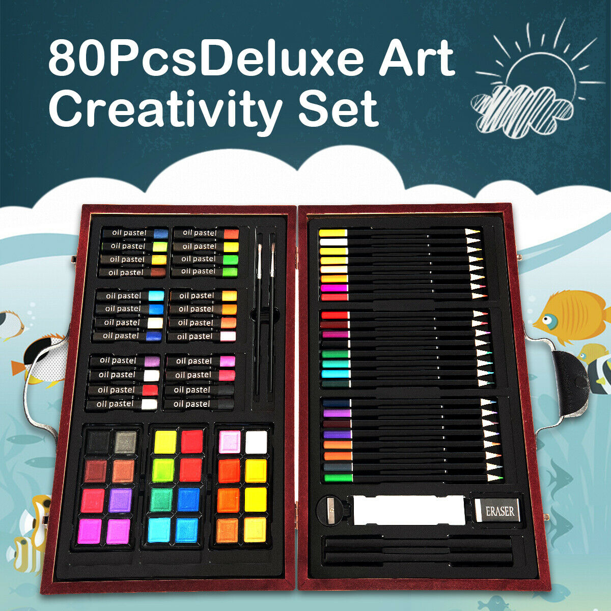 80 Piece Deluxe Art Set with Wooden Case for Beginners