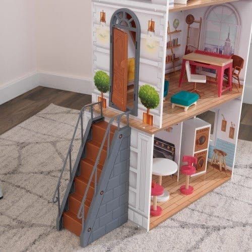 stairs and front door of Kidkraft Rowan Dollhouse