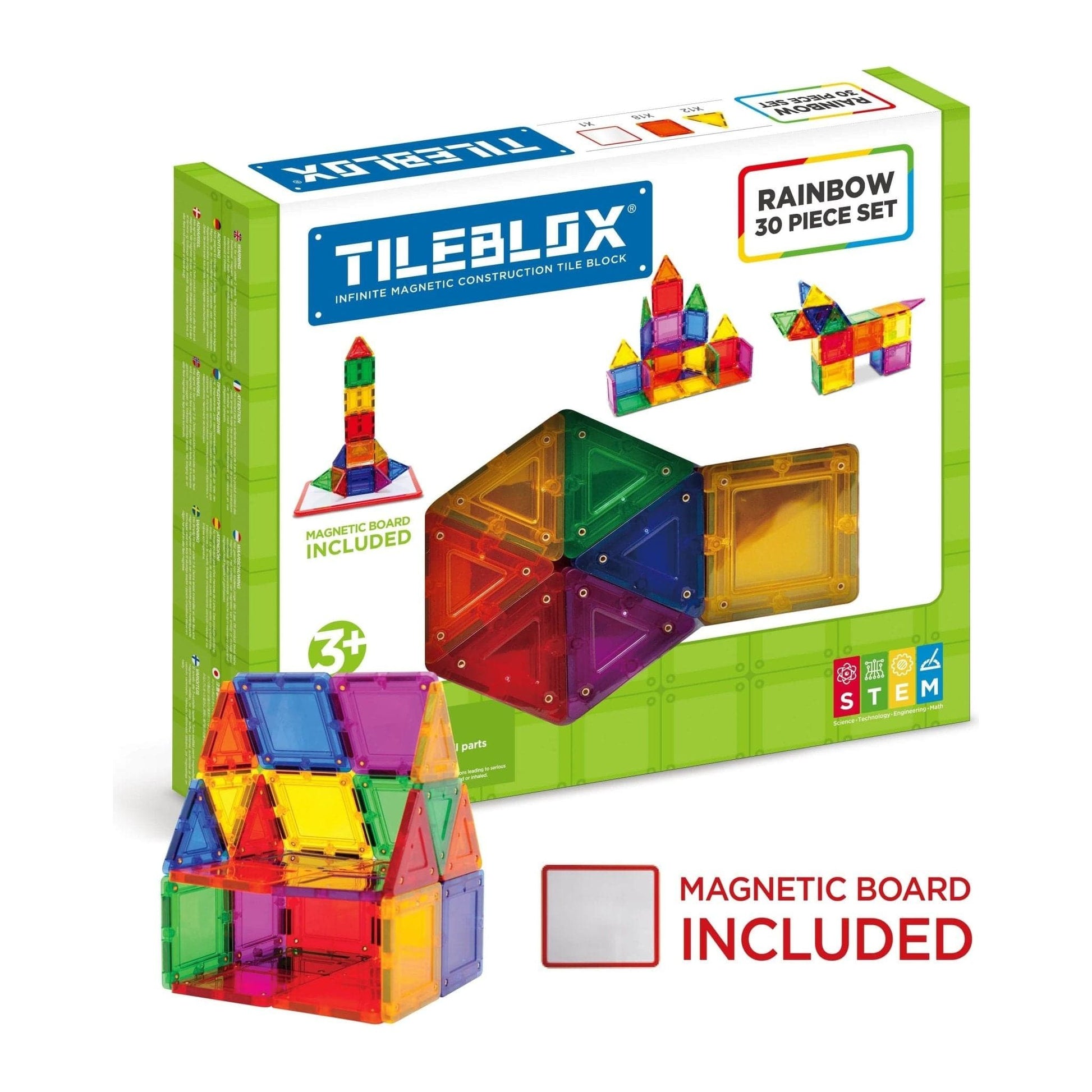 Magformers TileBlox 30 Piece with Magnetic Board front of box with house model