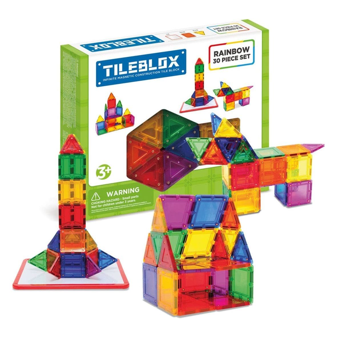 Magformers TileBlox 30 Piece with Magnetic Board box with rocket, house and dog model