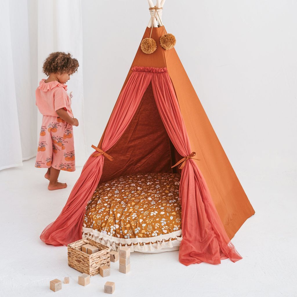 girls standing next to kids play tent with MINICAMP Kids Floor Cushion Seating Pouffe in Plant Pattern inside