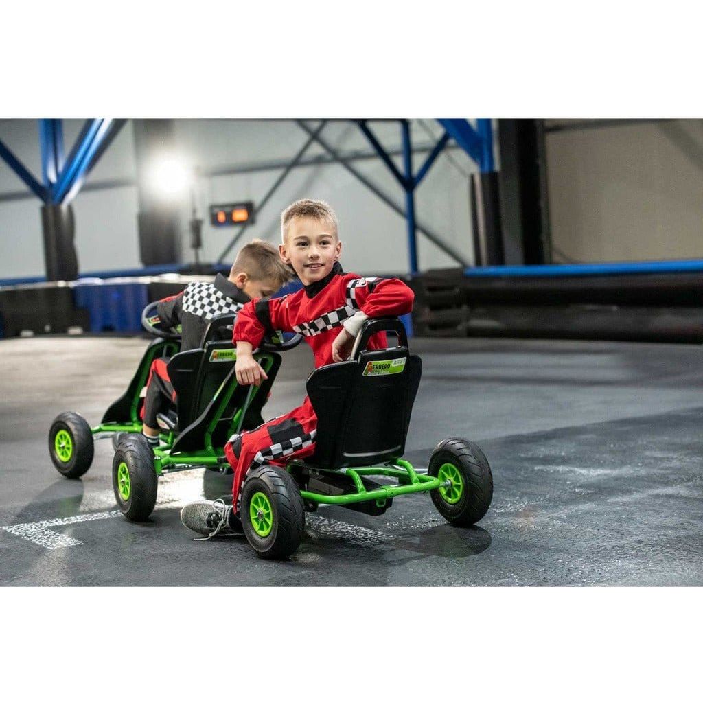 2 boys sitting in Ferbedo AR8G Go Karts in black and green