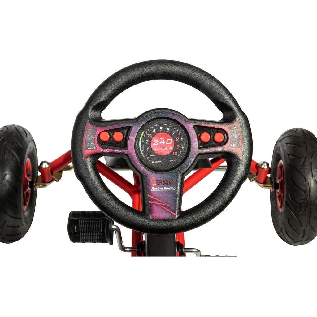 close up of steering wheel from Ferbedo AR8R Go Kart in black and red