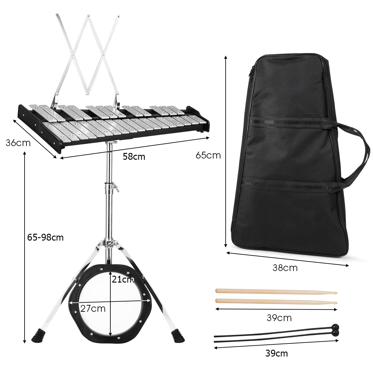 30 Notes Glockenspiel Bell Kit with 8" Practice Pad and Adjustable Height Stand