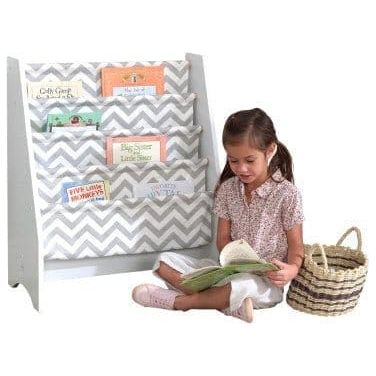 girl reading in front of KidKraft Sling Bookshelf - Gray & White