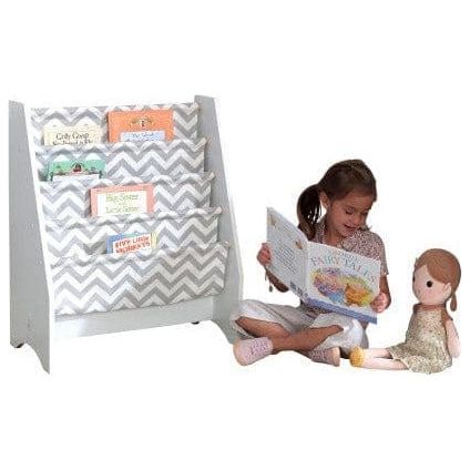 girl with dolly reading book in fornt of KidKraft Sling Bookshelf - Gray & White