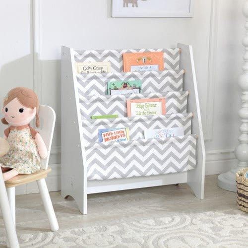 KidKraft Sling Bookshelf - Gray & White with books on shelves in playroom