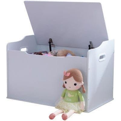 KidKraft Austin Toy Box - White with open lid and doll leaning against it 