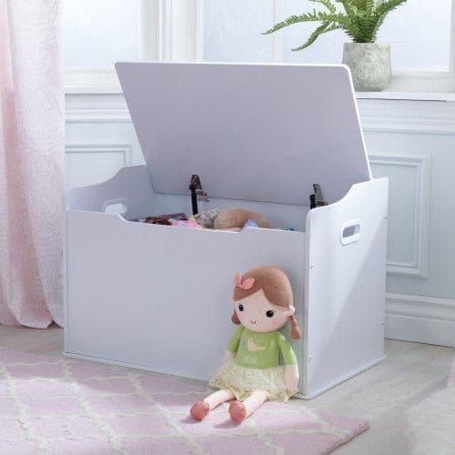 KidKraft Austin Toy Box - White with doll leaning against it