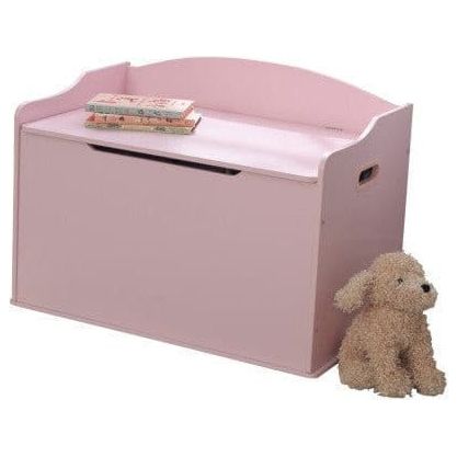 KidKraft Austin Toy Box - Pink with lid closed and teddy bear beside it