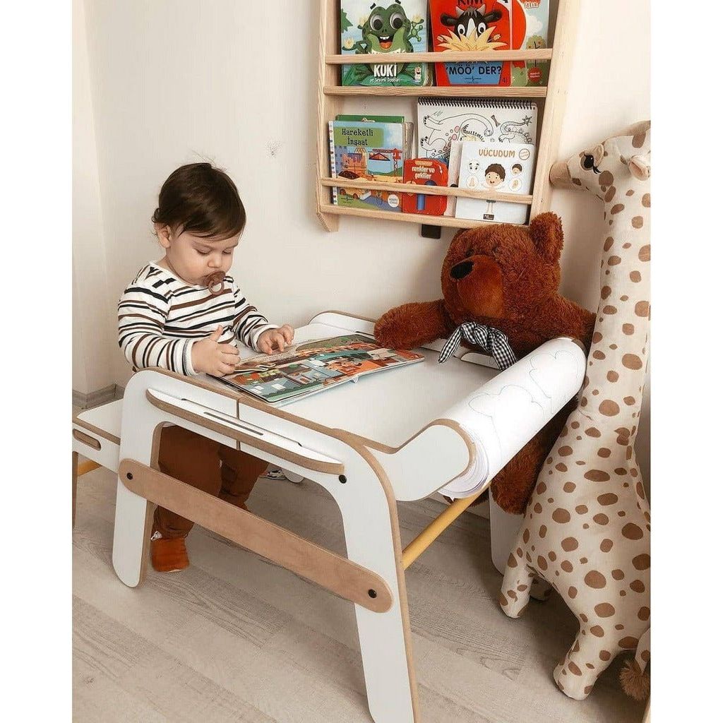 child sitting at Medium Masa Kids Desk & Bench - White