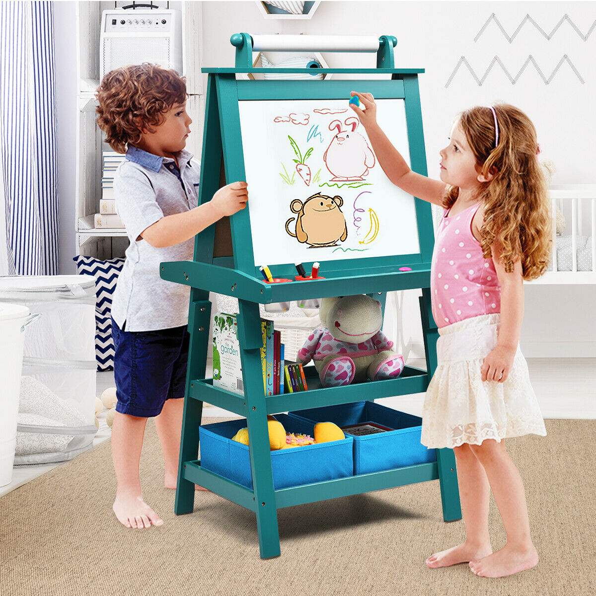 Children's Double-Sided Art Easel with Paper Roll-Blue