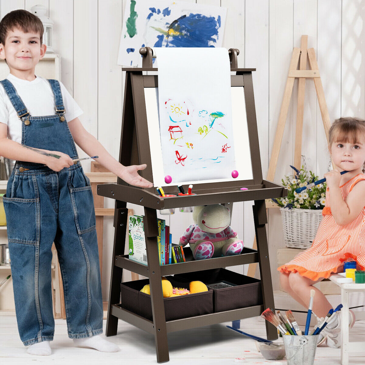 Children's Double-Sided Art Easel with Paper Roll-Brown