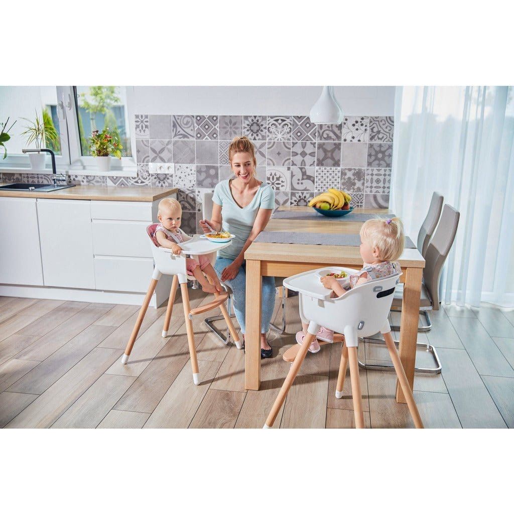 woman in kitchen with 2 children in Kinderkraft Sienna High Chairs - Grey