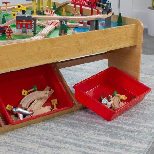 close up of storage containers from KidKraft Waterfall Mountain Train Set & Table