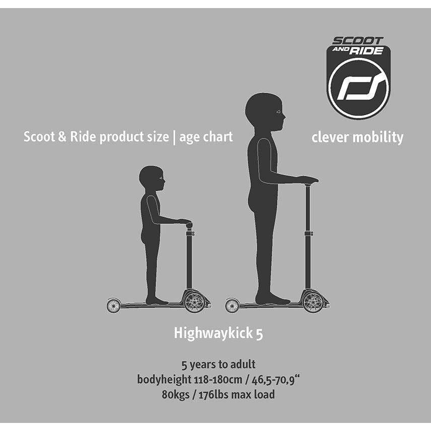 Scoot and Ride Highwaykick 5 Scooter - Led Ash size chart