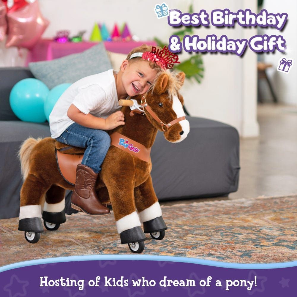 boy riding Ponycycle Ride-on Pony Toy Age 3-5 Brown