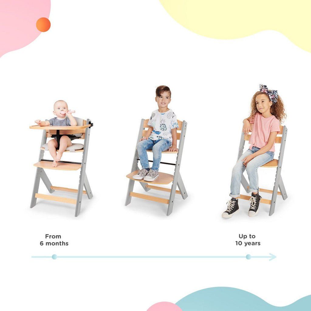 diagram showing different ages and stages of Kinderkraft Enock High Chair - Grey Wood