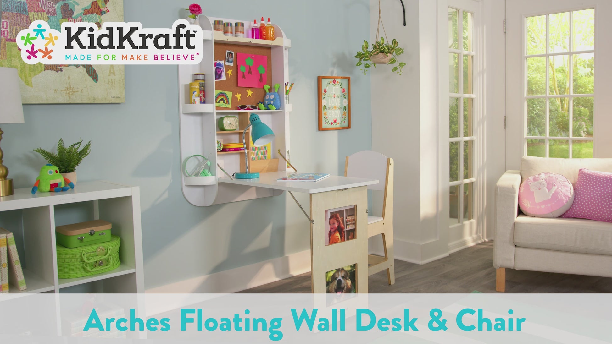 video of girl sitting at KidKraft Arches Floating Wall Desk & Chair - White