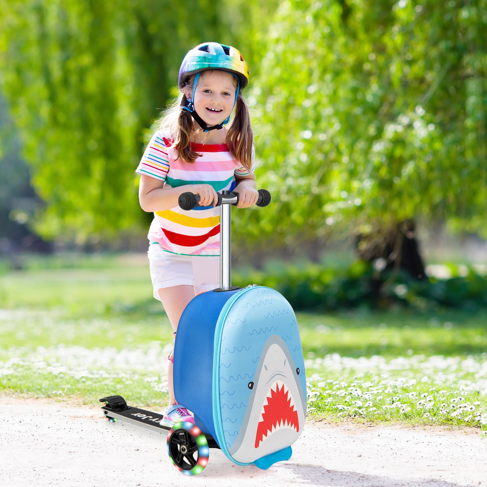 2 in 1 Kids Scooter Suitcase With Light Up Wheels Shark