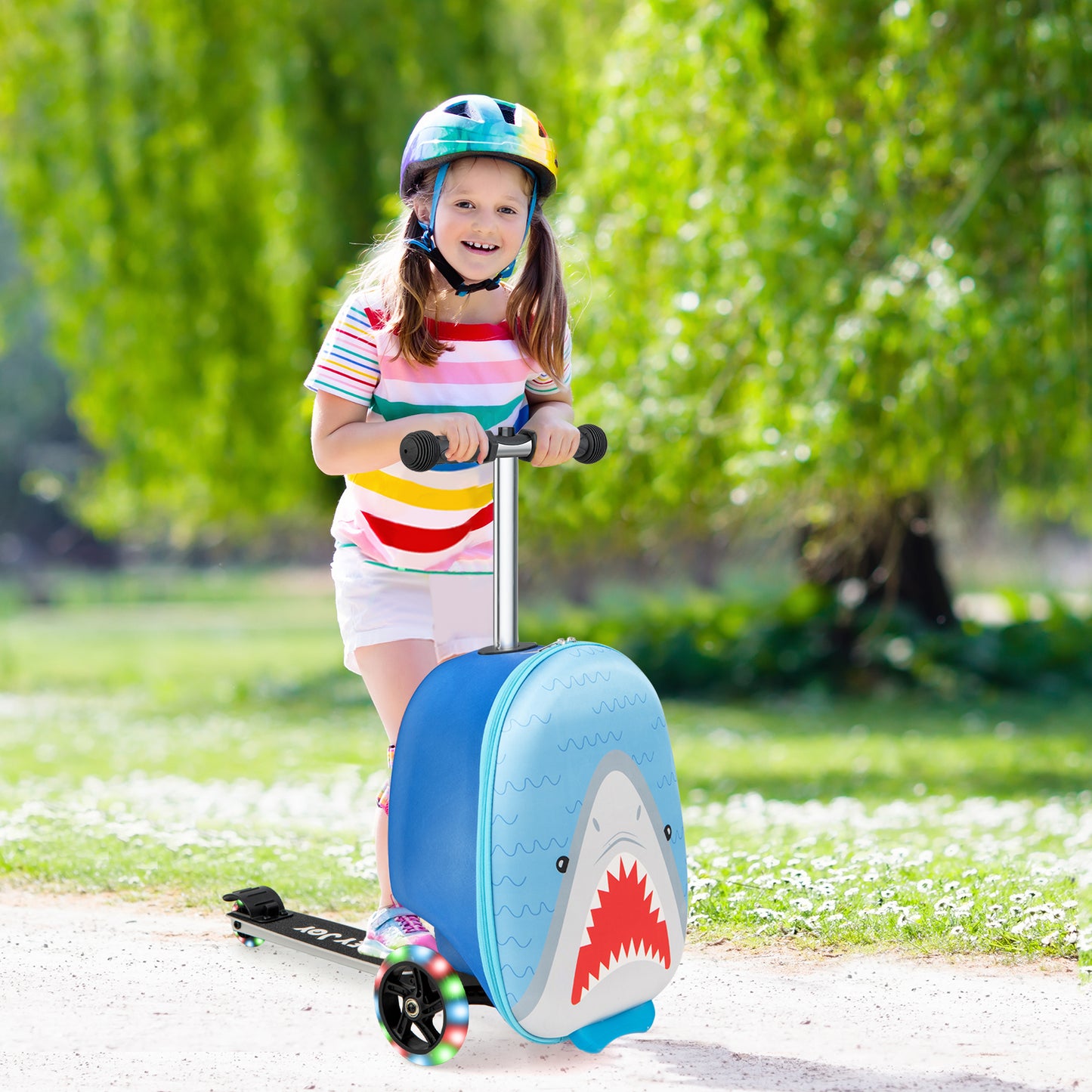 2-in-1 Folding Kids Scooter with Suitcase and 3 Color Light-Up Wheels-Blue