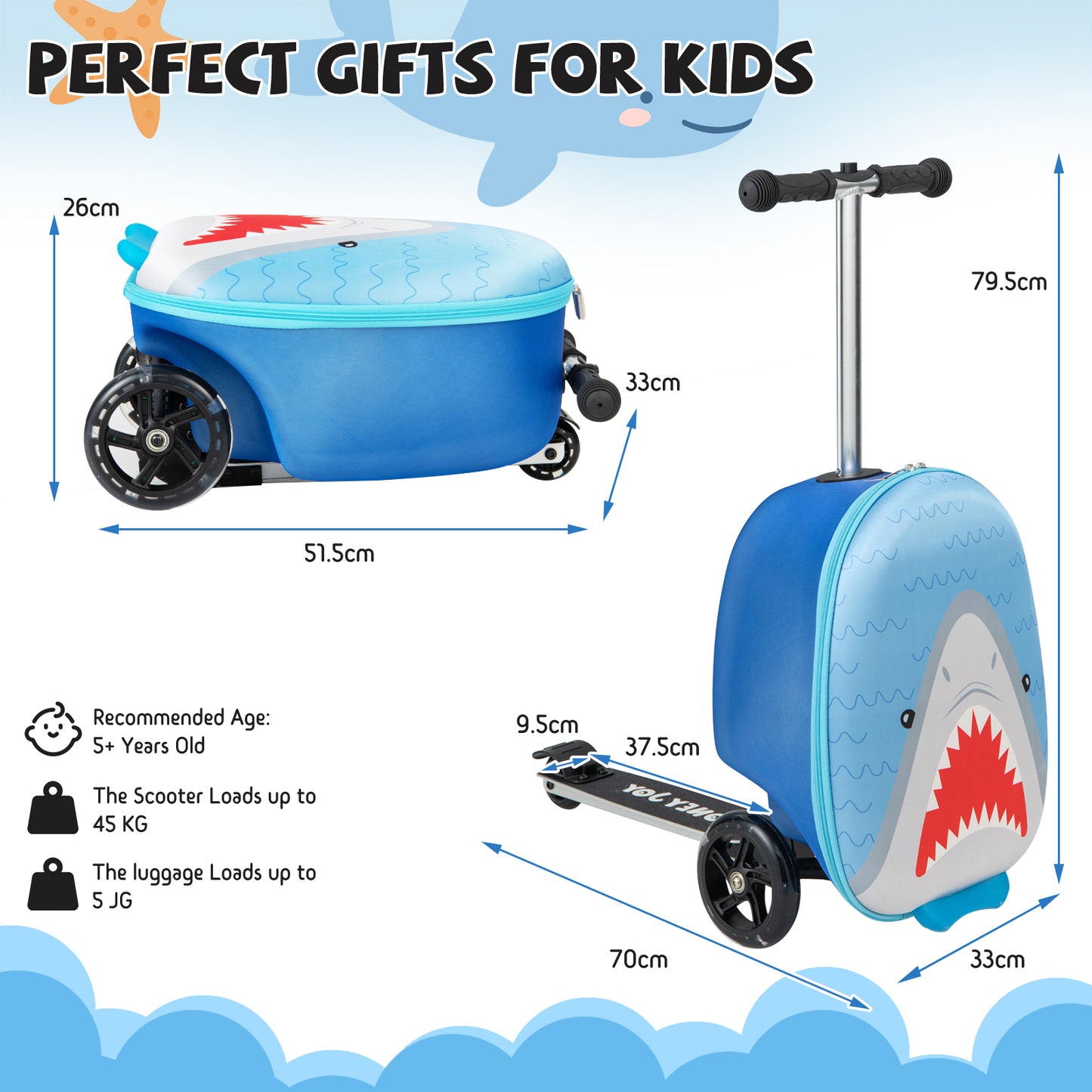 2-in-1 Folding Kids Scooter with Suitcase and 3 Color Light-Up Wheels-Blue