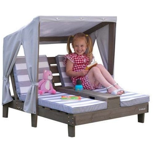 smiling girl sitting on KidKraft Double Chaise Lounge with Cup Holders - Grey