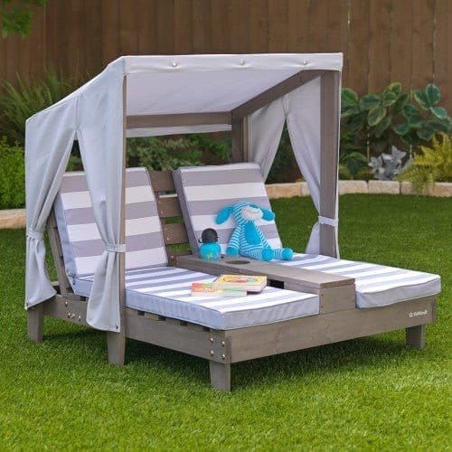 KidKraft Double Chaise Lounge with Cup Holders - Grey with teddy on in garden