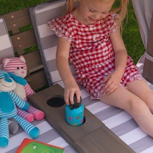 close up of cup holder on KidKraft Double Chaise Lounge - Grey