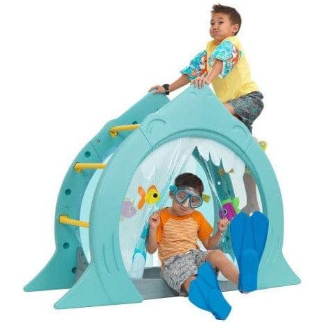 2 boys on KidKraft Shark Escape Climber, one in sandpit and the other climbing the side