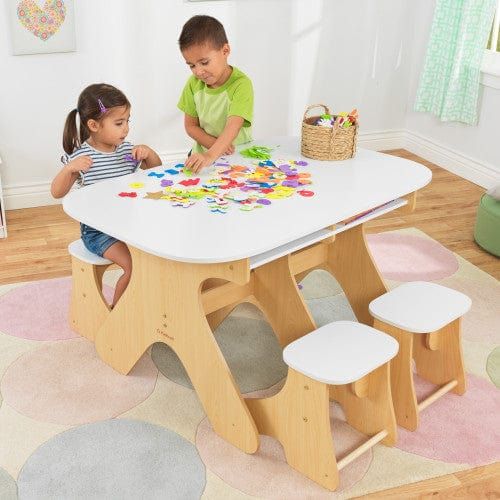 boy and girl doing crafts at KidKraft Arches Expandable Table & Bench Set - White