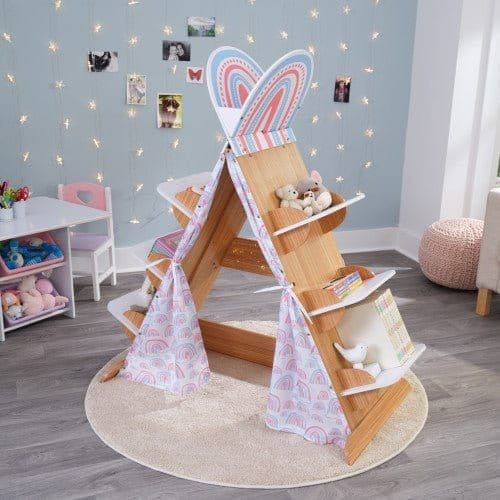 KidKraft Book Nook Tent with Shelves on rug in playroom