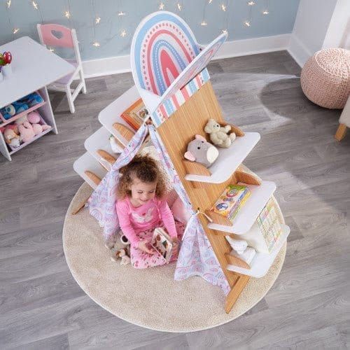 girl underneath KidKraft Book Nook Tent with Shelves