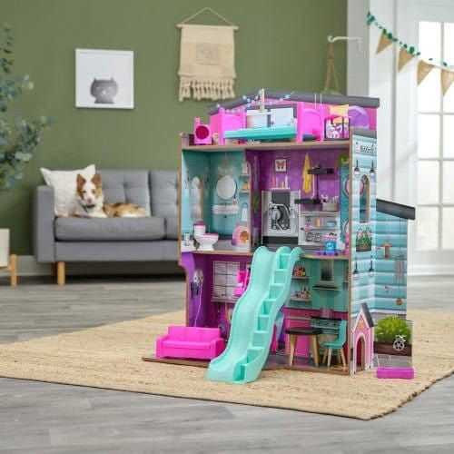 playroom with Kidkraft Purrfect Pet Dollhouse on rug in middle